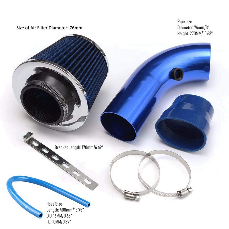 RASNONE 3 Inch Universal Cold Air Intake Kit, Aluminum Induction Flow Hose Pipe Kit with Air Filter (Blue) - Image 3